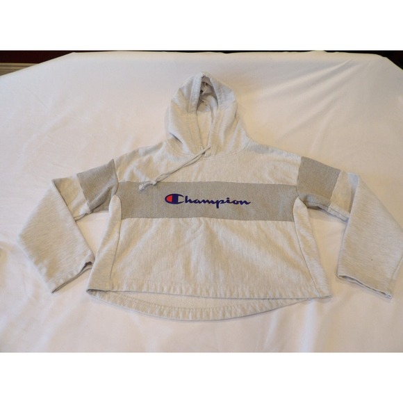 Champion Reverse Weave Vintage Hoodie Womens Medium Cropped Top Logo Gray Spello - Picture 2 of 11